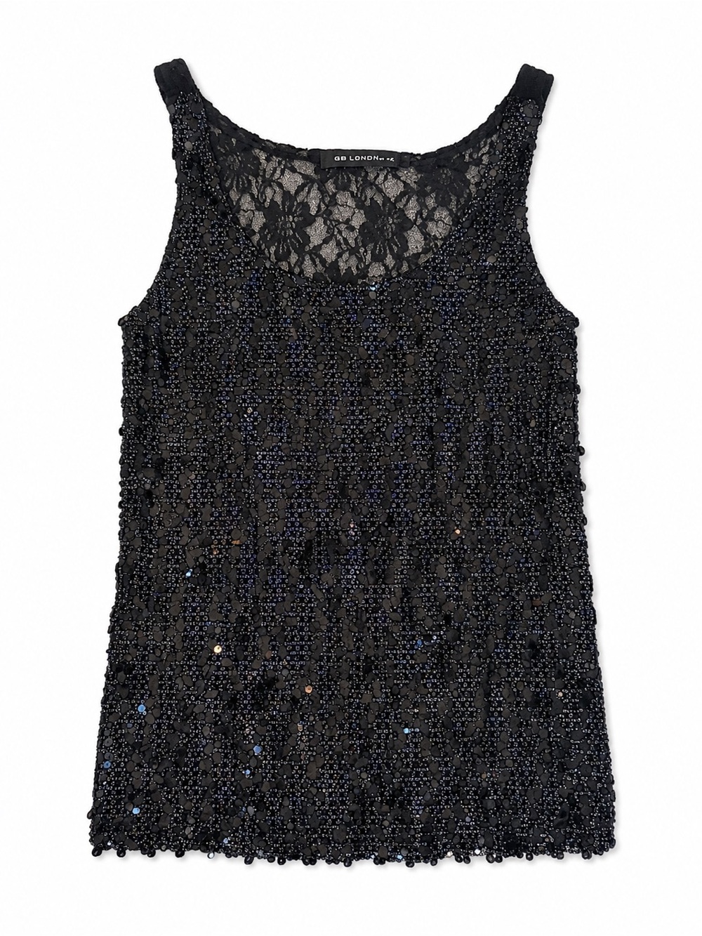 QED London Black Lace Sequin Beaded Tank Top Y2K Going Out M/L